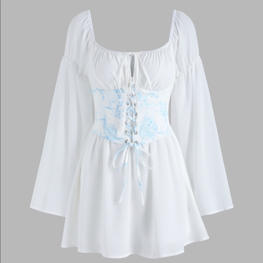 Cider White Floral Lace Up Corset Dress